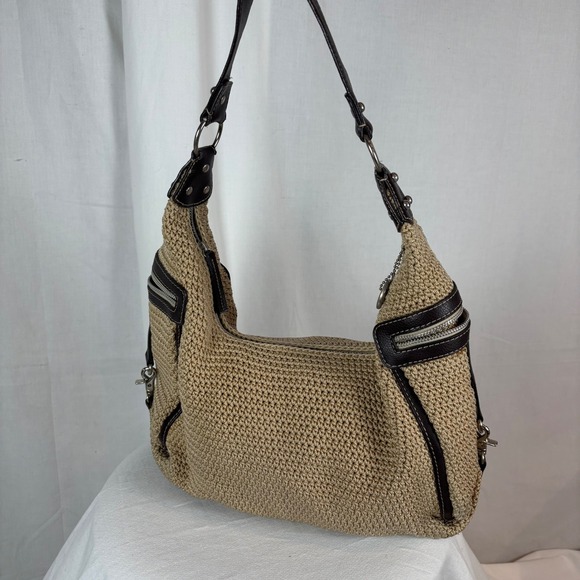 The Sak "Leann" Crochet Hobo Bag Tan Brown Leather Trim Silver Tone Hardware - Picture 9 of 12